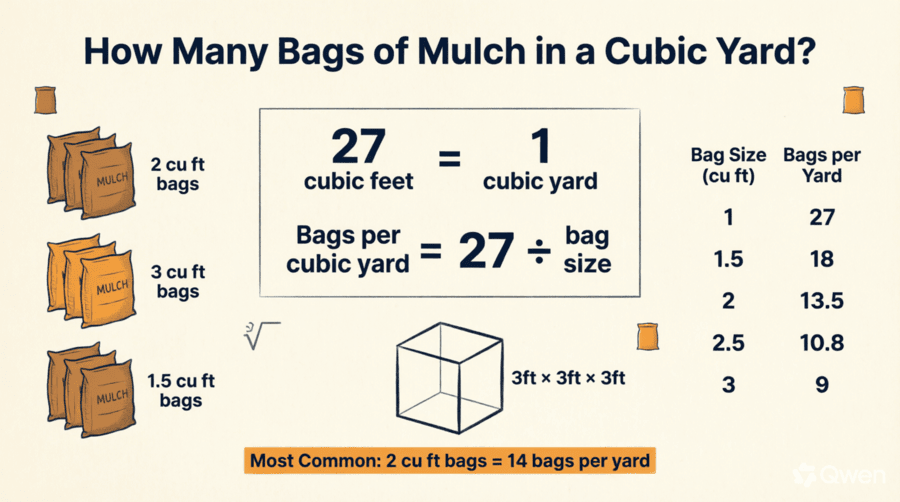how many bags of mulch in a cubic yard