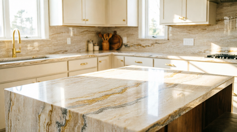 Kitchen island with a cream and beige quartzite countertop and warm white cabinets