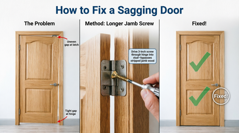 Step-by-step visual guide on how to fix a sagging door by replacing a short hinge screw with a longer 3-inch jamb screw to repair uneven door gaps.