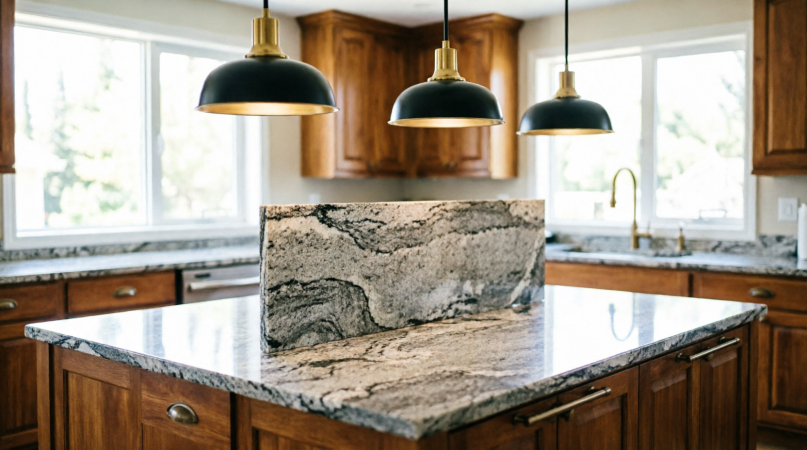 Modern kitchen island featuring beautiful gray and white granite countertops with a large slab sample.