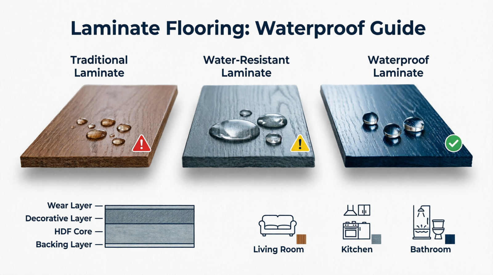Small water spill on laminate flooring in a bright kitchen with a towel ready to clean, addressing the common question: laminate flooring is it waterproof?