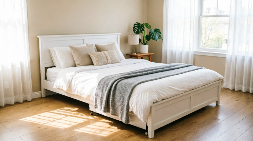 White wood twin daybed in a bright guest room with a trundle bed pulled out and made up with crisp bedding, showing both sleeping surfaces.