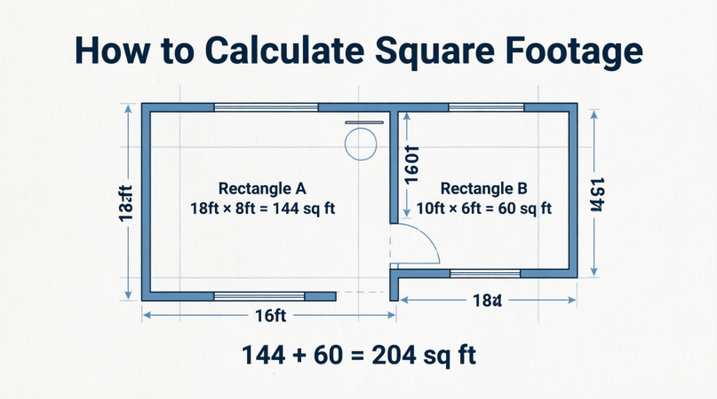 Top-down blueprint floor plan showing how to calculate square footage for an L-shaped room by dividing it into Rectangle A (18ft x 8ft = 144 sq ft) and Rectangle B (10ft x 6ft = 60 sq ft) for a total of 204 sq ft.