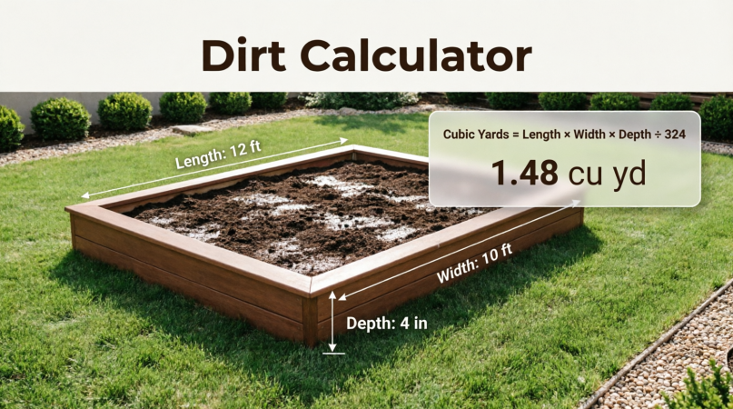 Dirt calculator measurements for estimating cubic yards of soil in a raised garden bed.