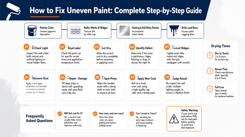 Step-by-step visual guide on how to fix uneven paint on walls, showing how to sand roller marks, apply spot primer, and roll a smooth second coat for a flawless finish.