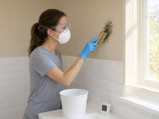 Professional mold removal in bathroom - woman wearing N95 respirator, safety goggles, and blue gloves performing black mold removal from painted wall near window, using mold removal spray and scrub brush with bucket of cleaning solution, hygrometer showing humidity levels for proper mold removal technique