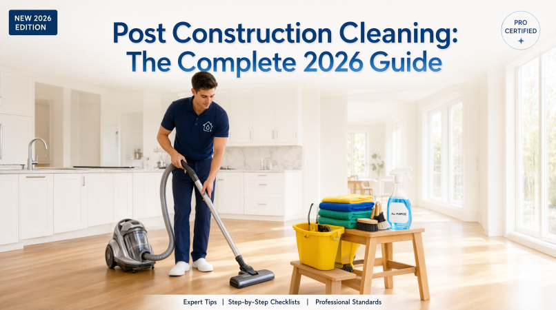 Professional using a HEPA vacuum for post construction cleaning in a newly renovated living room.