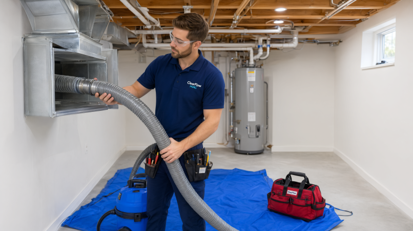 HVAC technician cleaning a home supply duct with a HEPA vacuum hose during an air duct cleaning service.