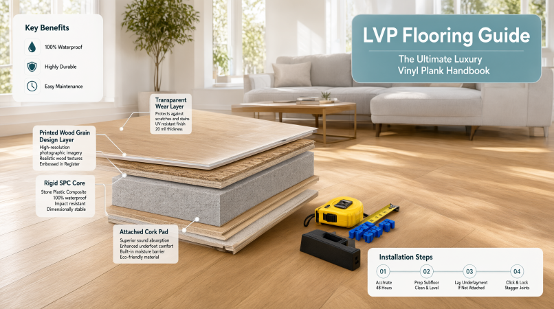 Cutaway view of LVP flooring layers including wear layer, design layer, rigid core, and attached pad with installation tools.