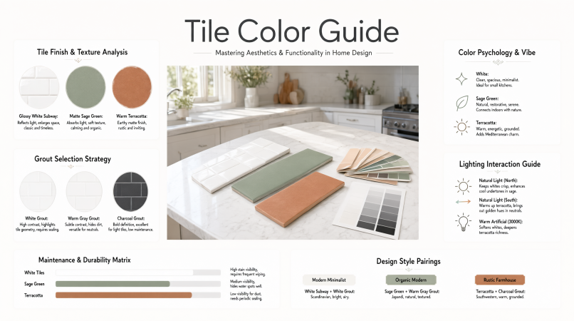 samples in white, sage green and terracotta beside paint swatches and a grout color chart on a kitchen counter