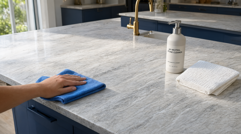 Hand wiping a light gray veined quartzite kitchen countertop with a blue microfiber cloth and pH-neutral stone cleaner.